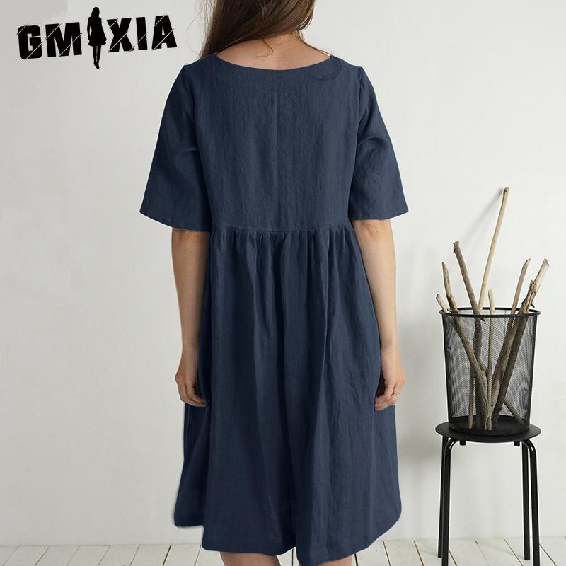 GMXIA Women's Fashion Summer Spring Solid Color Print O-Neck High Waist Casual Dresses