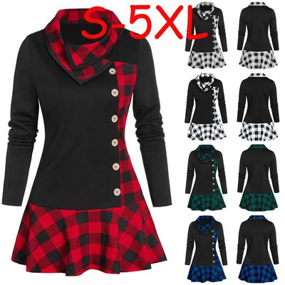 Ramidos Plus Size Women Fashion Button Cowl Neck  Long Sleeve Pachwork Pliad Print Tops