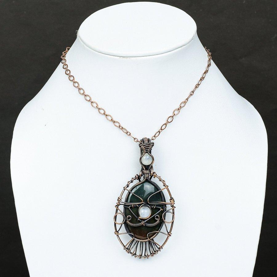 Bloodstone, Moonstone Copper Wire Wrap Jewelry Pendant 3.55" D4N68
