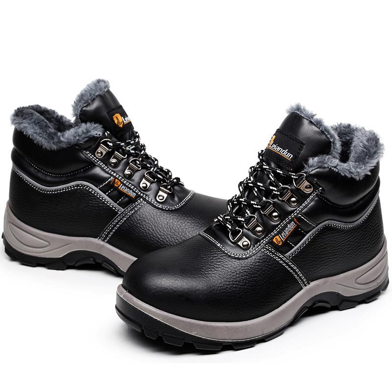 men's casual warm cotton steel toe caps work safety boots worker genuine leather fur safe shoes winter security ankle botas mans
