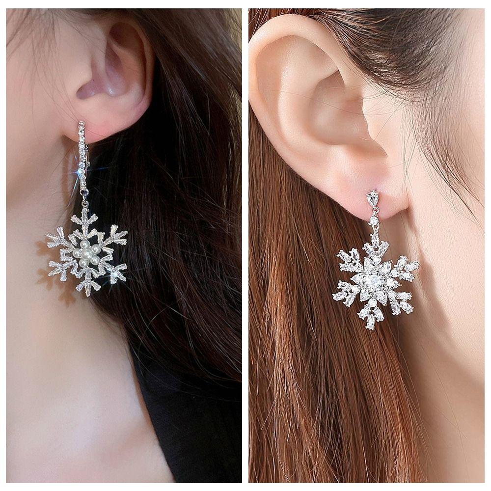 Silver Christmas Snowflakes Earrings Light Luxury Zircon Dangle Earrings  Women
