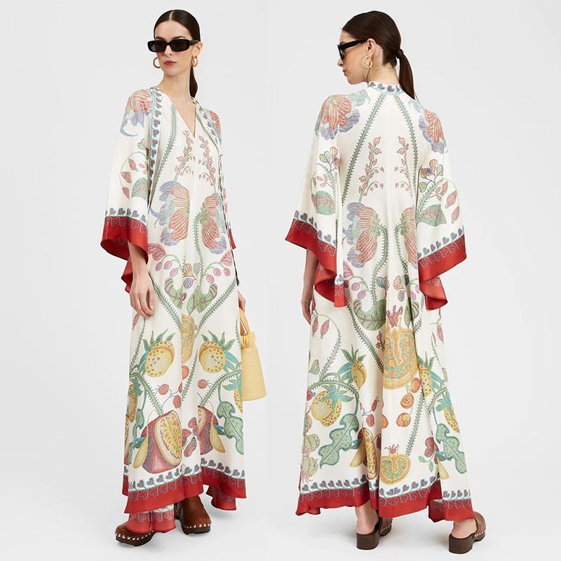 

Платье макси с 3D-принтом, мусульманские женские халаты, винтажные платья с V-образным вырезом и длинными расклешенными рукавами, летние элегантные повседневные платья для вечеринок XXL