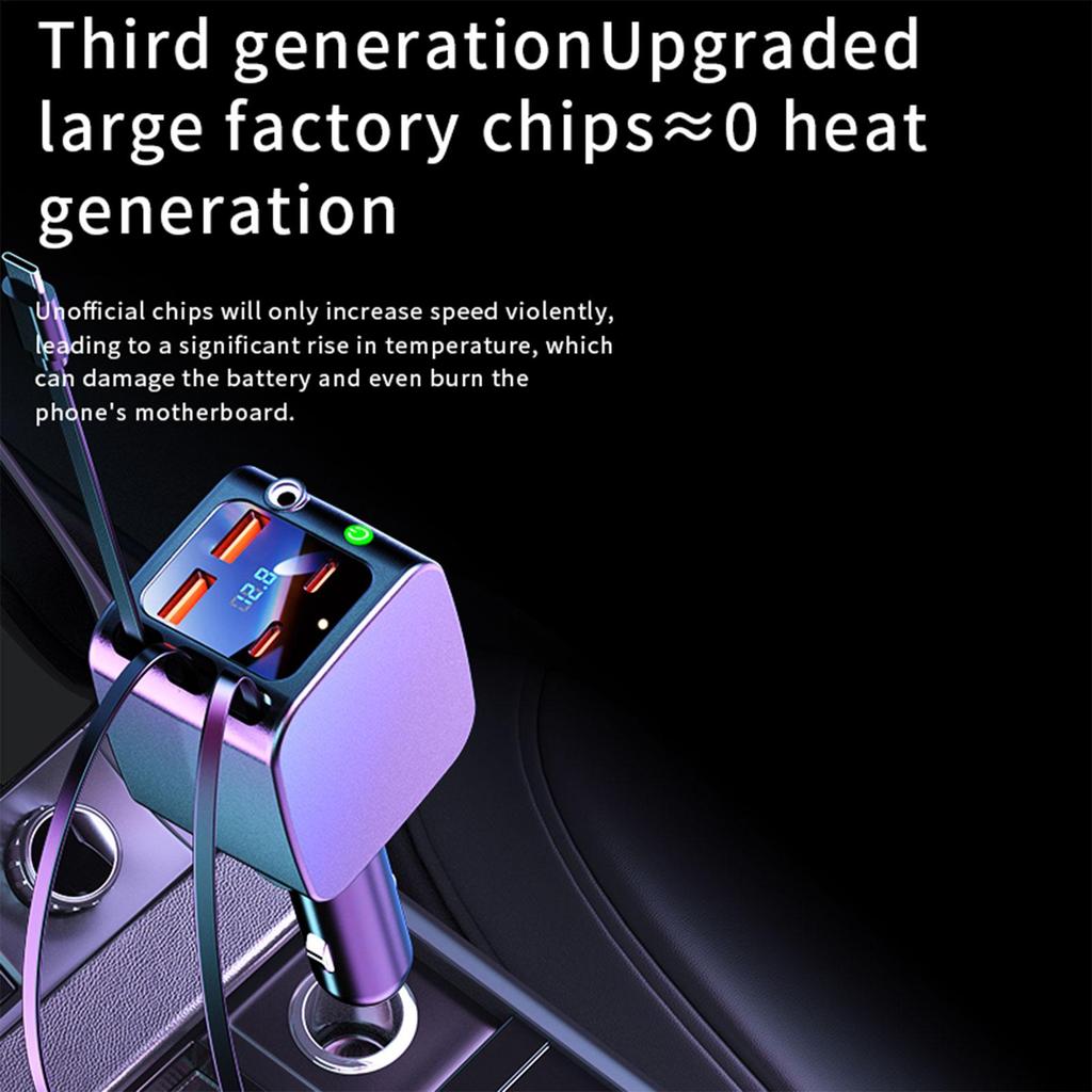 Car Charger With Retractable Cables Fast Charging 2 USB Ports Auto Supplies With Starlight Car Charging Port For Daily Commute