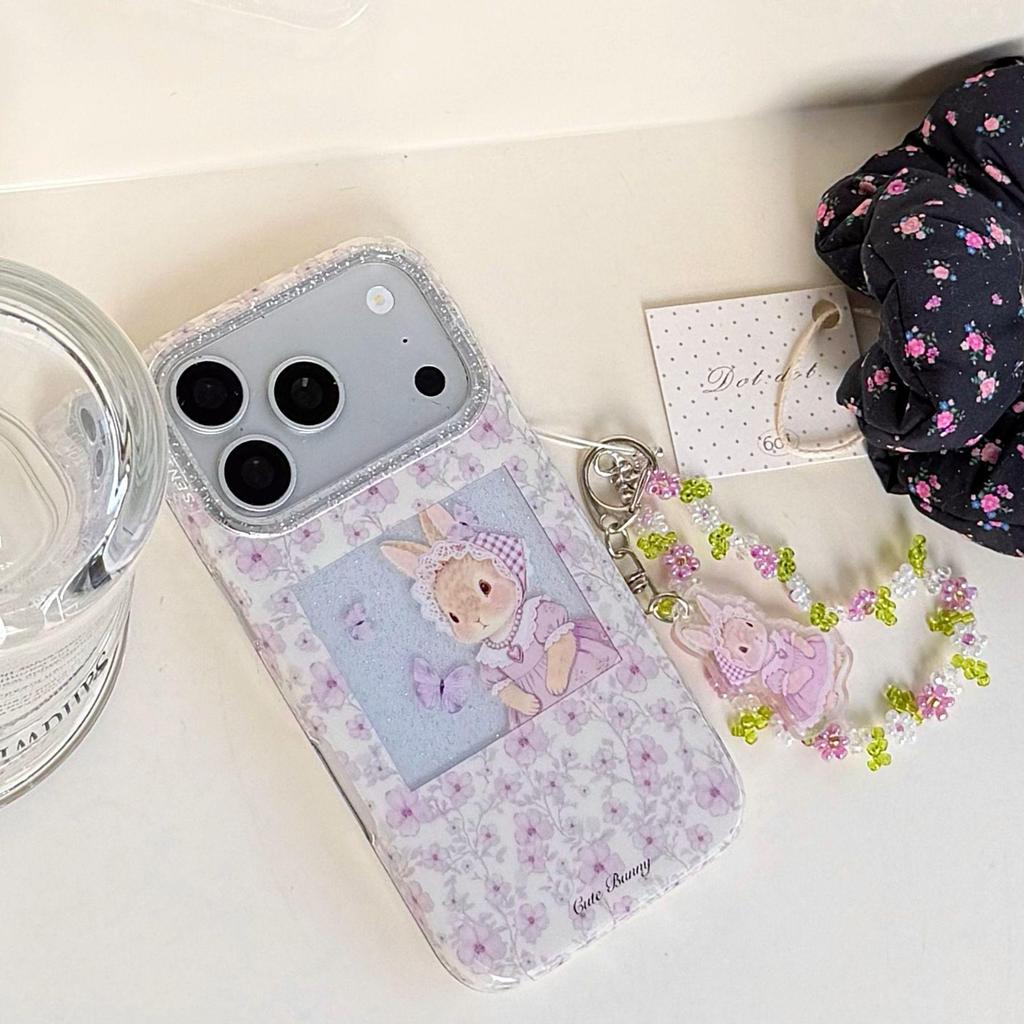 Purple Floral Rabbit Chain Case for iPhone 15/14/16/17 Pro Max