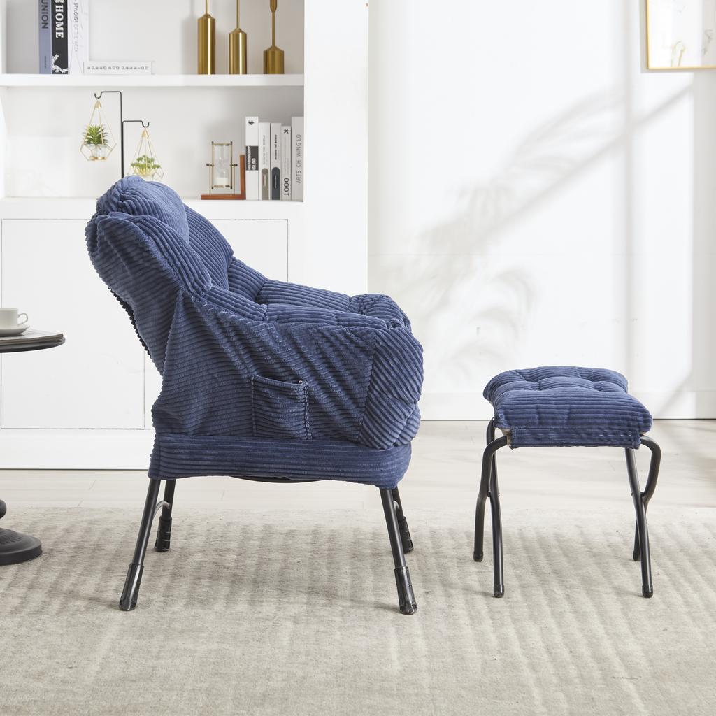 Lazy Chair with Ottoman, Accent Chair with Armrests and Side Pocket, Reading Chair with Footrest for Small Room, Corner Chair-Navy Blue