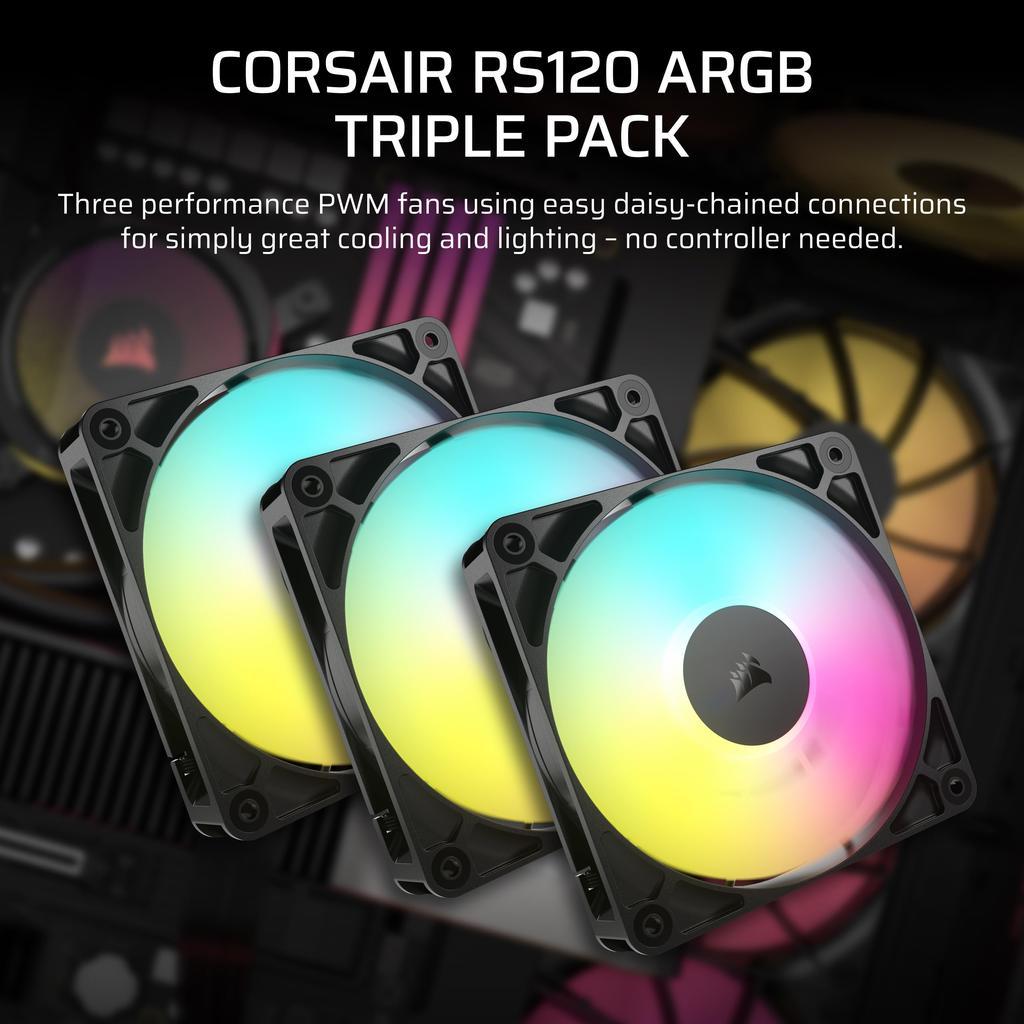 Corsair RS120 ARGB PWM 120mm PC-Gehäuse Daisy-Chain Triple-Lüfter, Kompatibel, Packung, Schwarz, CO-9050181-WW