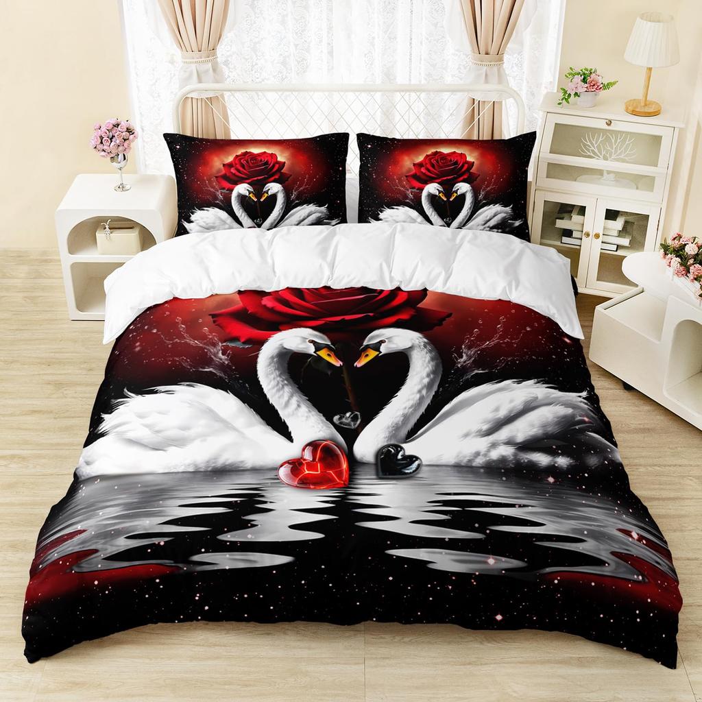 Comforter 3D White Swan Couple Love Red Floral Rose Printed Bedding Set Cute Animal Super Soft Polyester