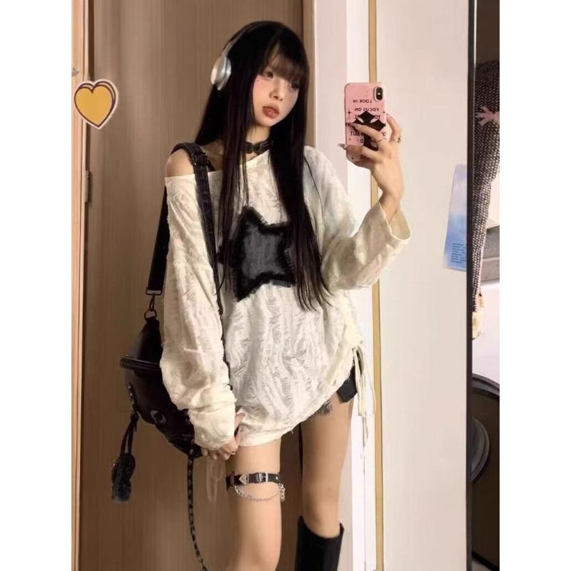 New Lazy Star Lace Long Sleeve Shirt Loose and Skinny Drawstring Ripped Sweet Cool Bottom Shirt Top