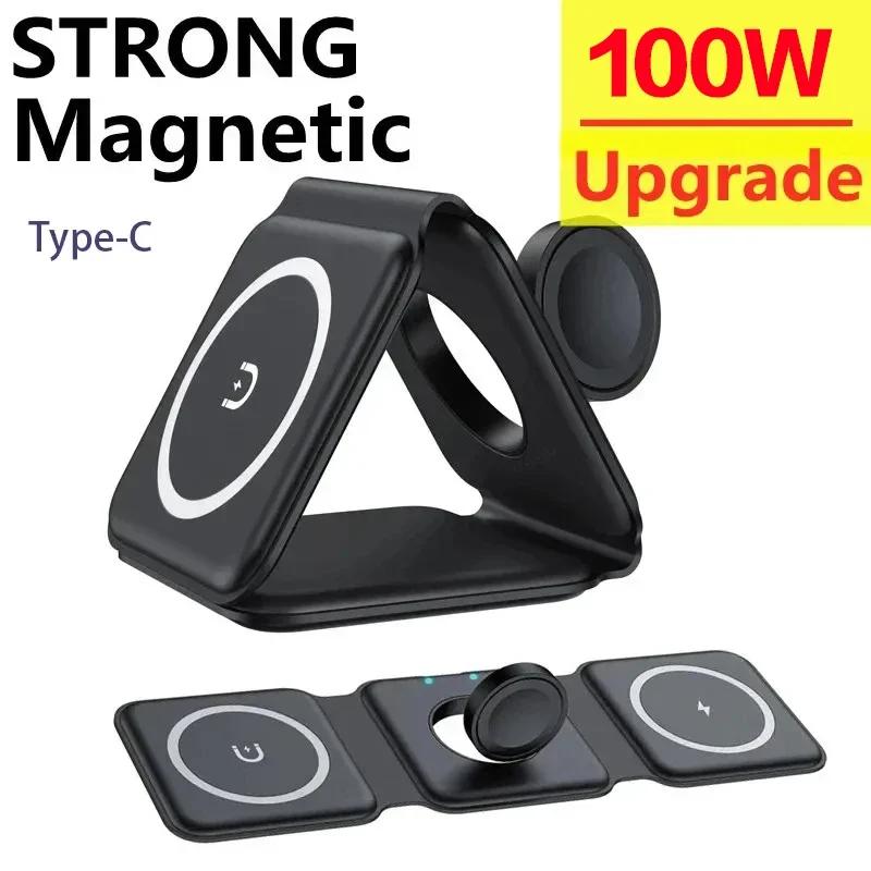 100W 3 In 1 Magnetic Portable Wireless Charger Pad for iPhone 14 13 12 XR Pro Max Apple Watch AirPods Fast Charging Dock Station