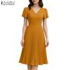 ZANZEA Women Casual V-Neck Summer Short Sleeve Dress
