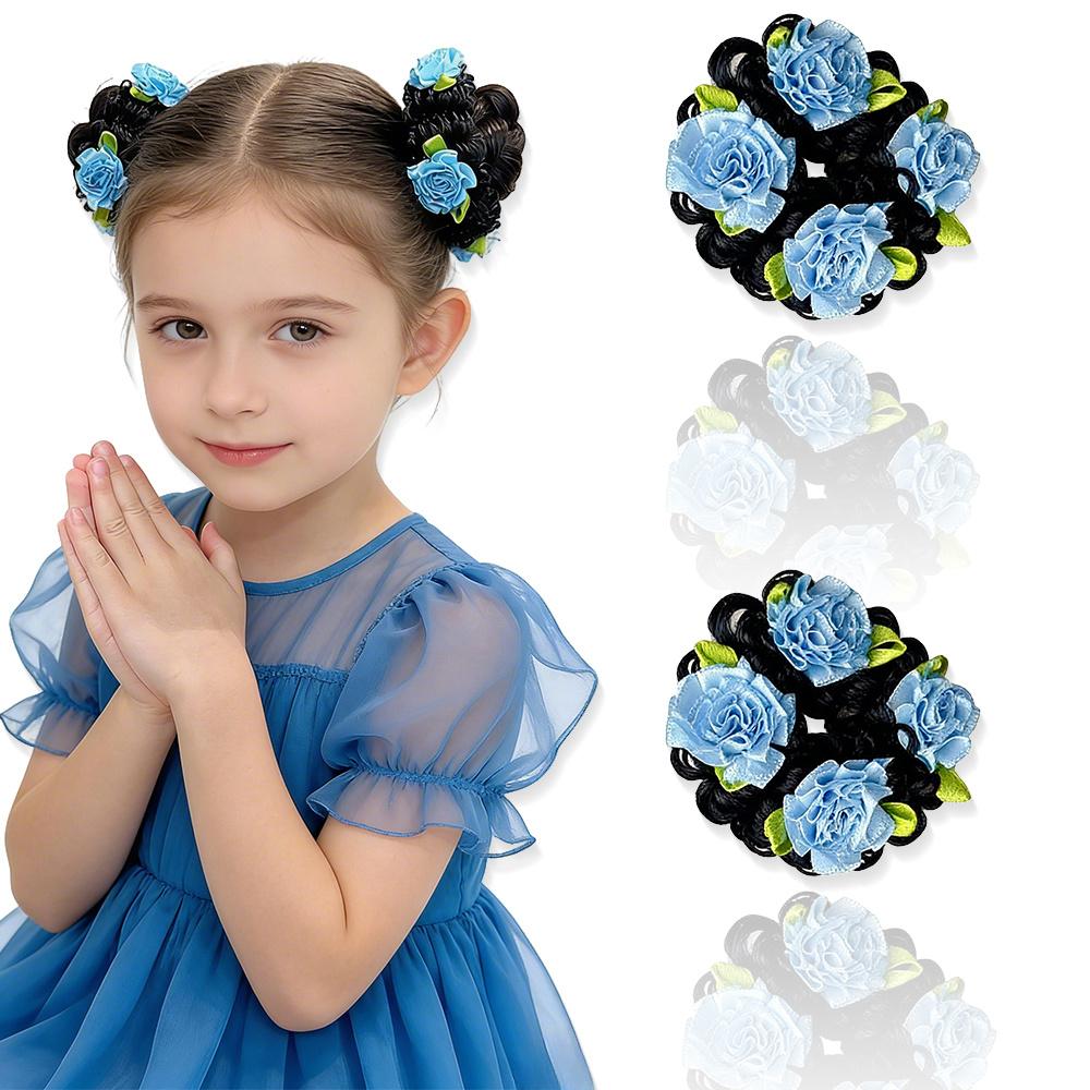 Aylhfo Girls' Spring 2pcs Colorful Flower Wig Scrunchies/Cute Bohemian Style Fabric Flower Wig Ponytail Hair Ties