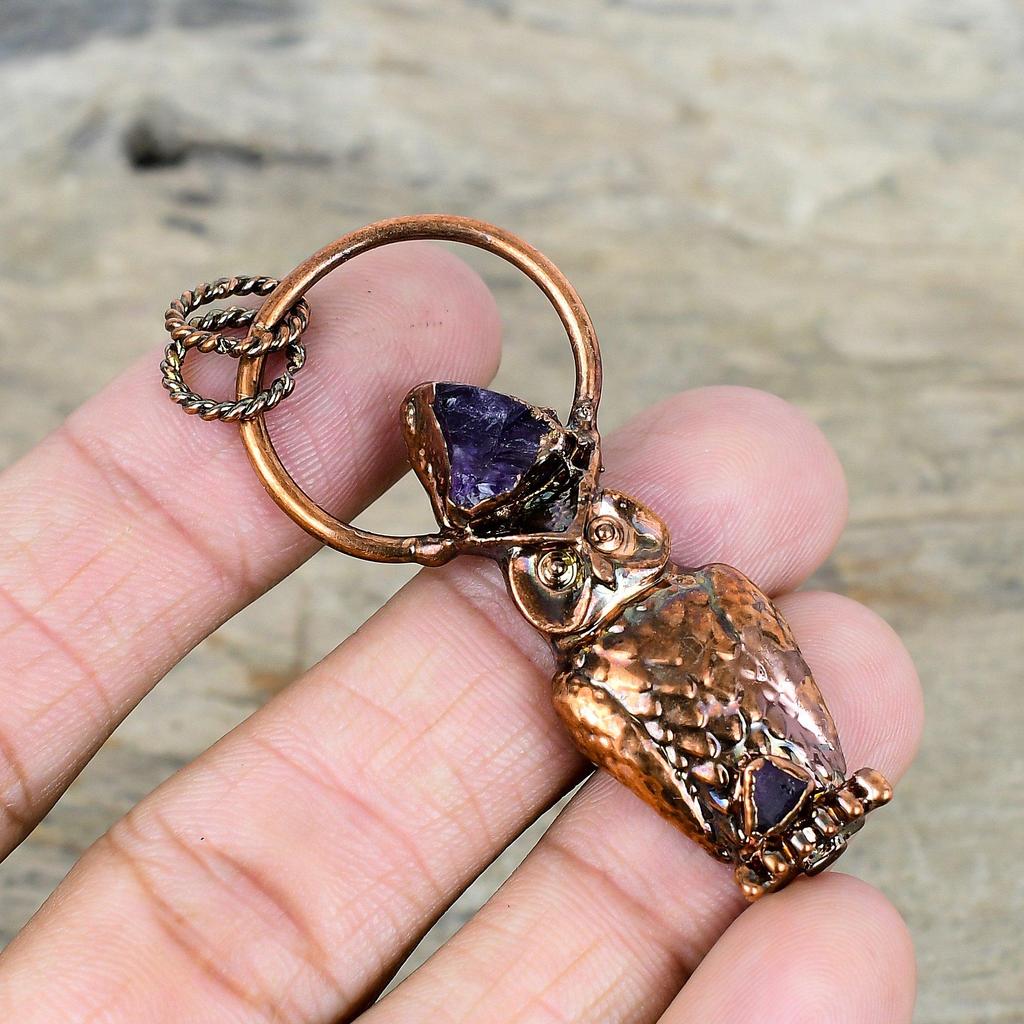 African Amethyst Rough Gemstone Pendant Electroformed Copper Jewelry Owl Pendant Handmade Jewelry Electroformed Copper Pendant Gifts for Mom