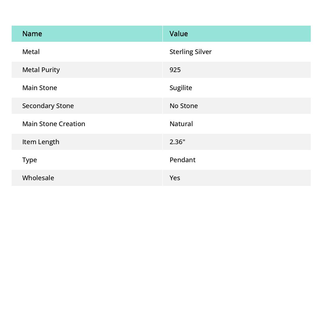 Přírodní Sugilit Drahokam 925 Sterlingové Stříbro Šperk Přívěsek 2.36" l9M22