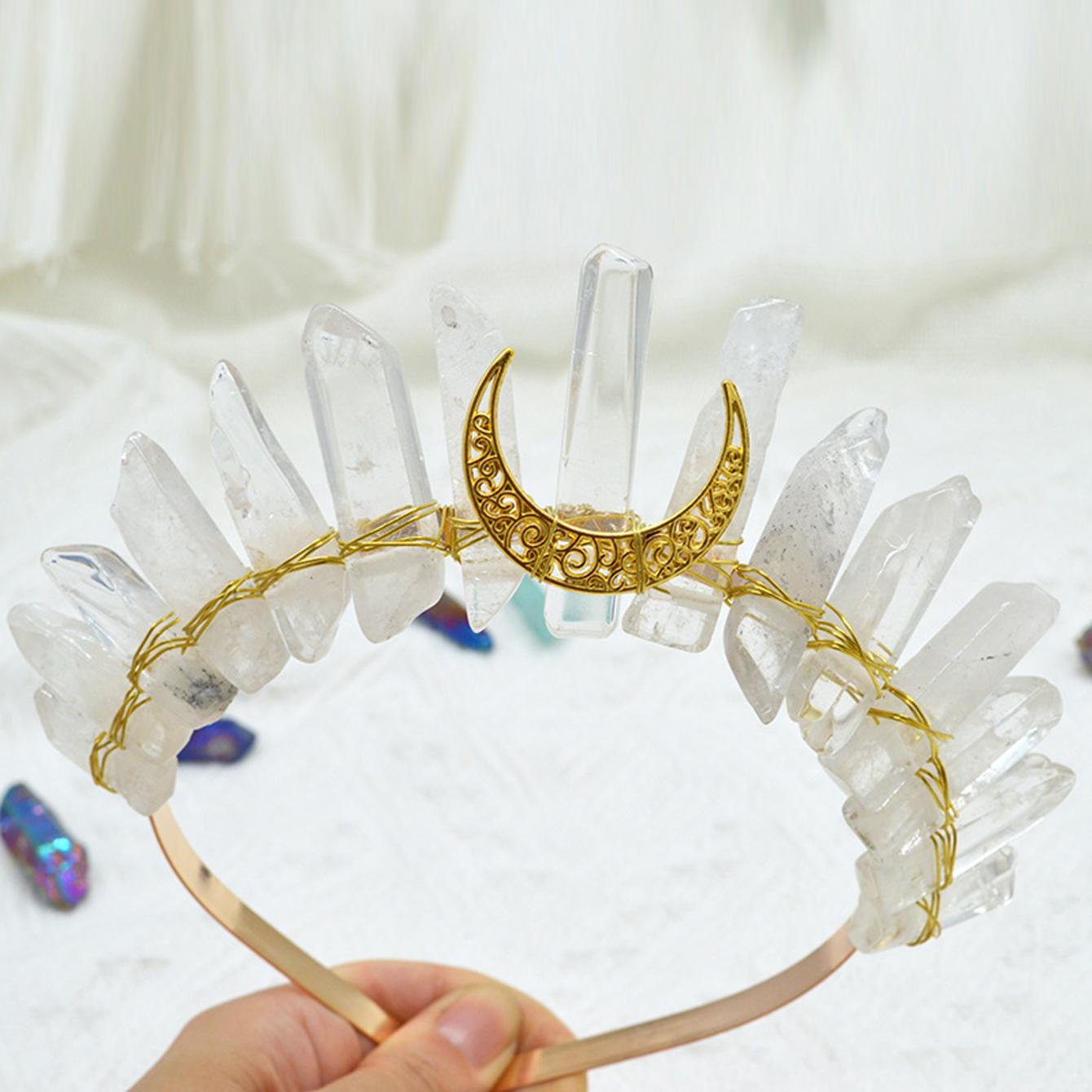 

Тиара из необработанного кристалла, повязка на голову с короной, натуральный кварц, головной убор богини Луны и ведьмы для викканского косплея, вечерние головные уборы