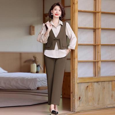 2025 Spring & Autumn Fashion Two-Piece Set for Middle-aged Women: Stylish Vest & Faux Two-Piece Pants