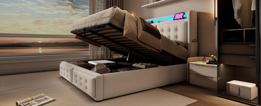 Upholstered Bed 140x200, Double Bed with LED Headboard and USB C Charging, Hydraulic Wooden Slatted Base, 300 kg, Beige, Cotton (Without Mattress)