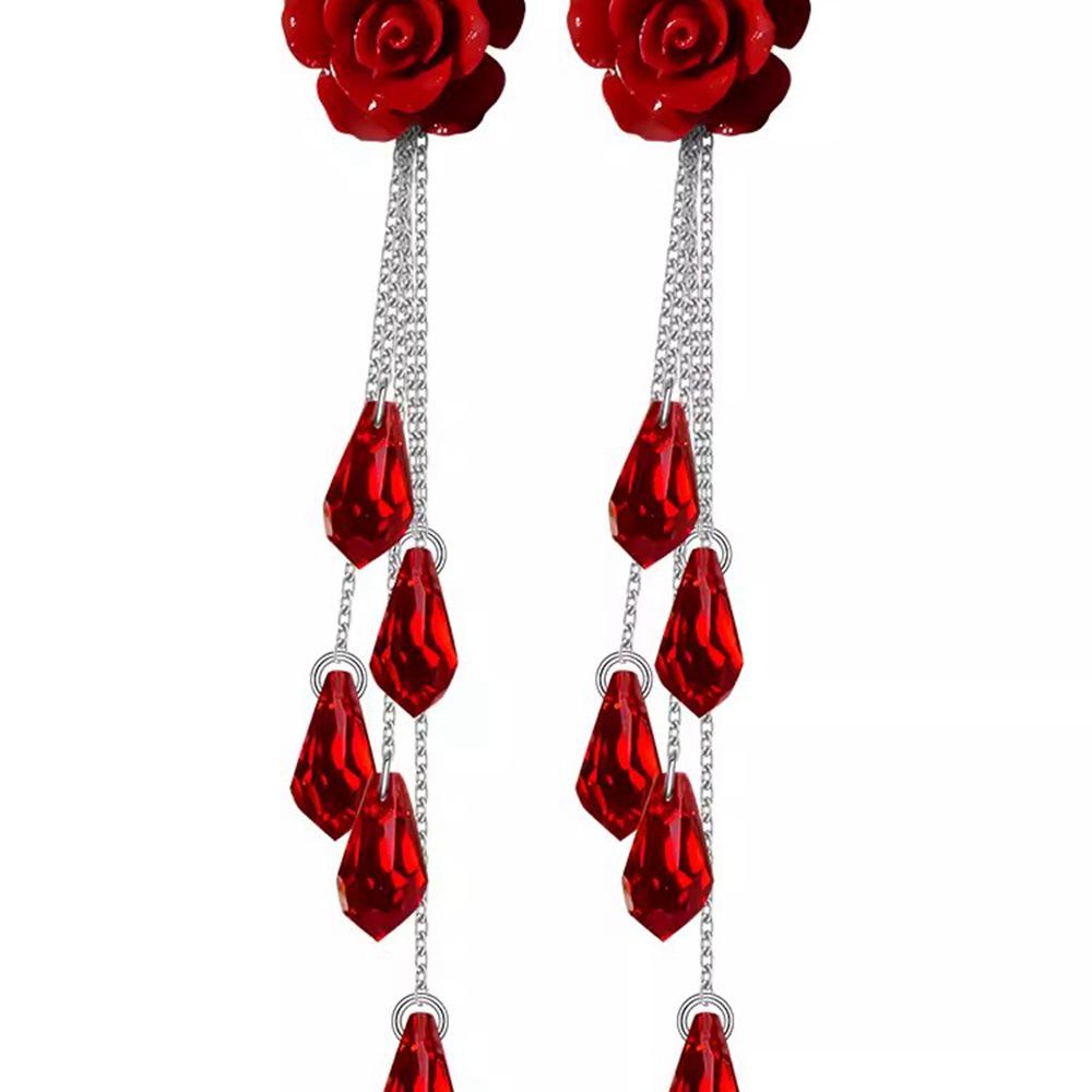 February Rose Silver Needle Red Flower Stud & Dangle Earrings – Elegant Women’s Jewelry