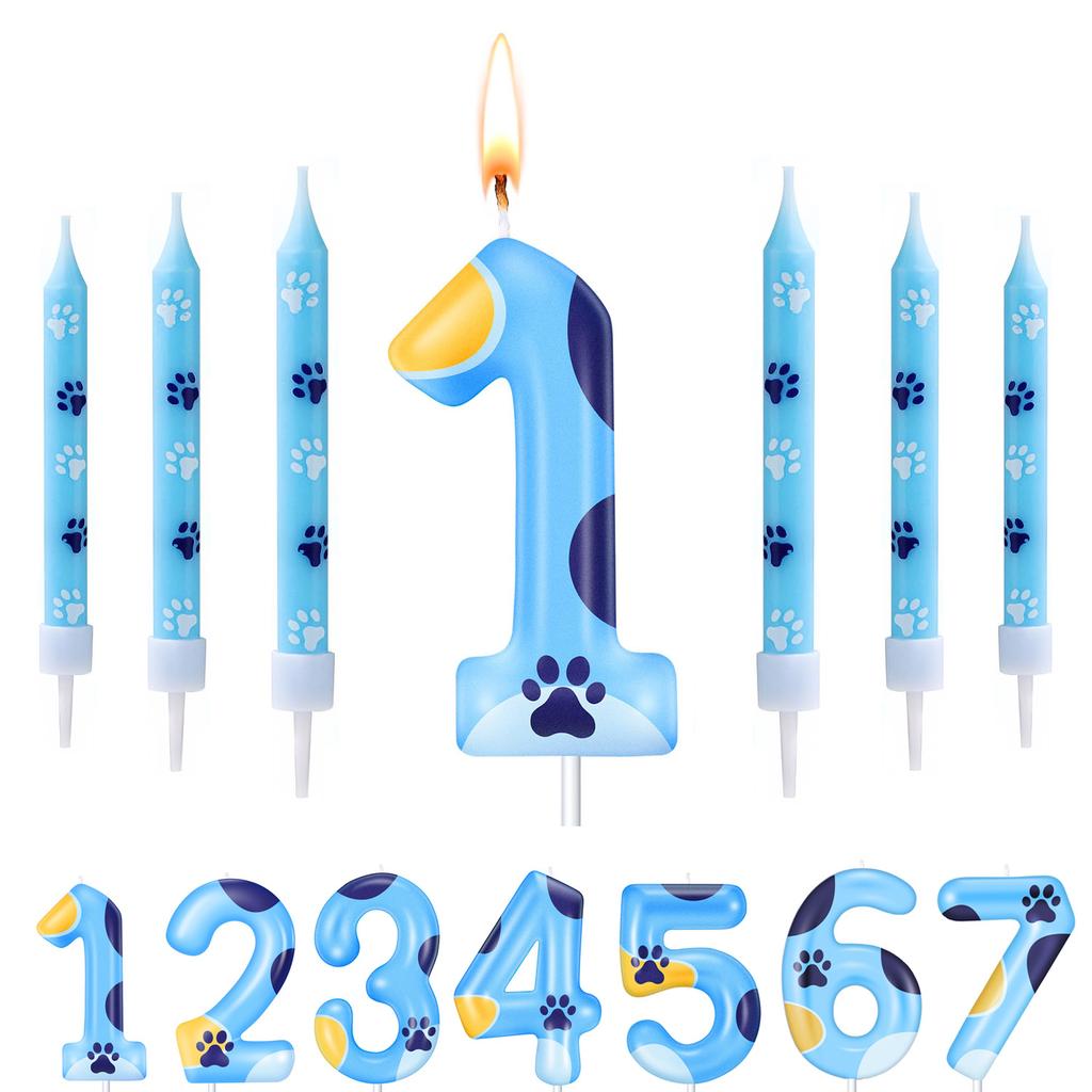 Blue Dog Paw Candles Number 1-7 Birthday Cake Decorations Cake Cupcake Topper for Boy and Girl Birthday Decoration