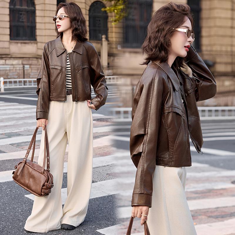 

Корейская плиссированная кожаная куртка - Женская короткая повседневная модель в стиле Осень 2025 L сосна зеленый