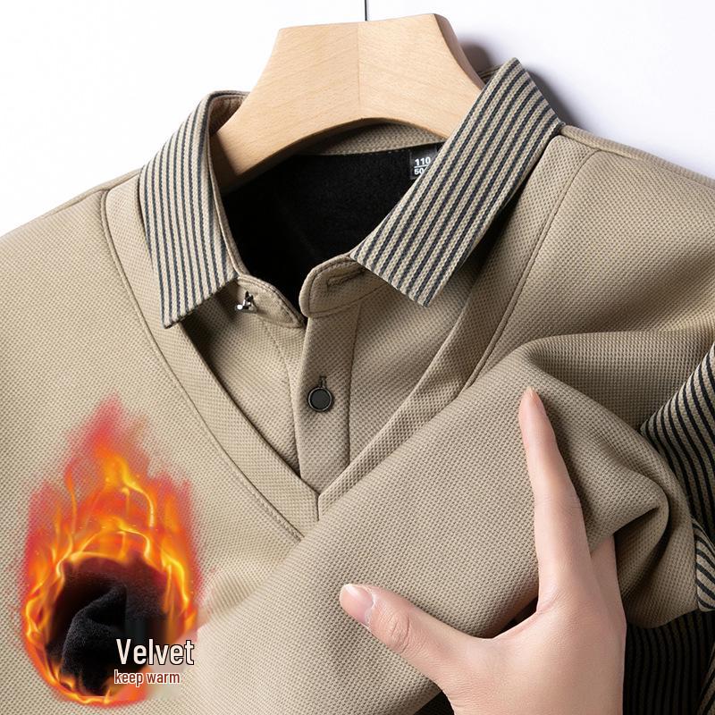 Winter Sale: Men's Fleece-Lined Two-in-One T-Shirt with Shirt Collar – Thick, Warm Base Layer