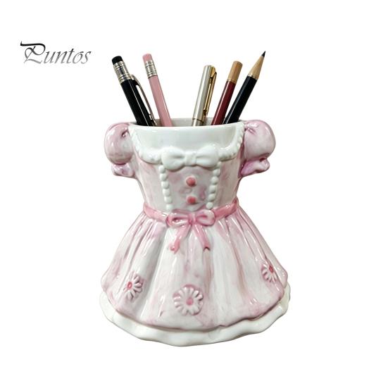 Multipurpose Storage Box Bow Dress Pencil Cup, Ceramic Desk Organizer, Cute Makeup Toothbrush Holder Brush for Girls Room, Office Gift Women Pen