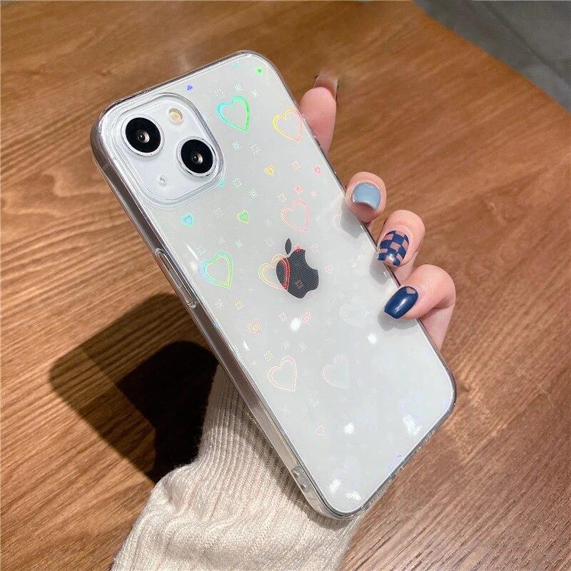 

Модный градиентный лазерный чехол для iPhone 15, 14, 13, 11, 12 Pro Max Mini X XS XR 7 8 Plus SE 2020, прозрачный мягкий силиконовый чехол с сердцем любовника iPhone SE(2022) чистый