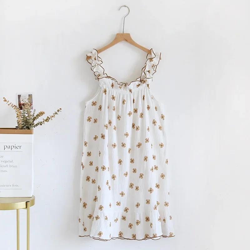 Ladies Summertime Cotton Yarn Pure Cotton Thin Suspender Nightdress Loose Mid-length Sweet and Lovely Long-cut Home Dress Camisola Sexy
