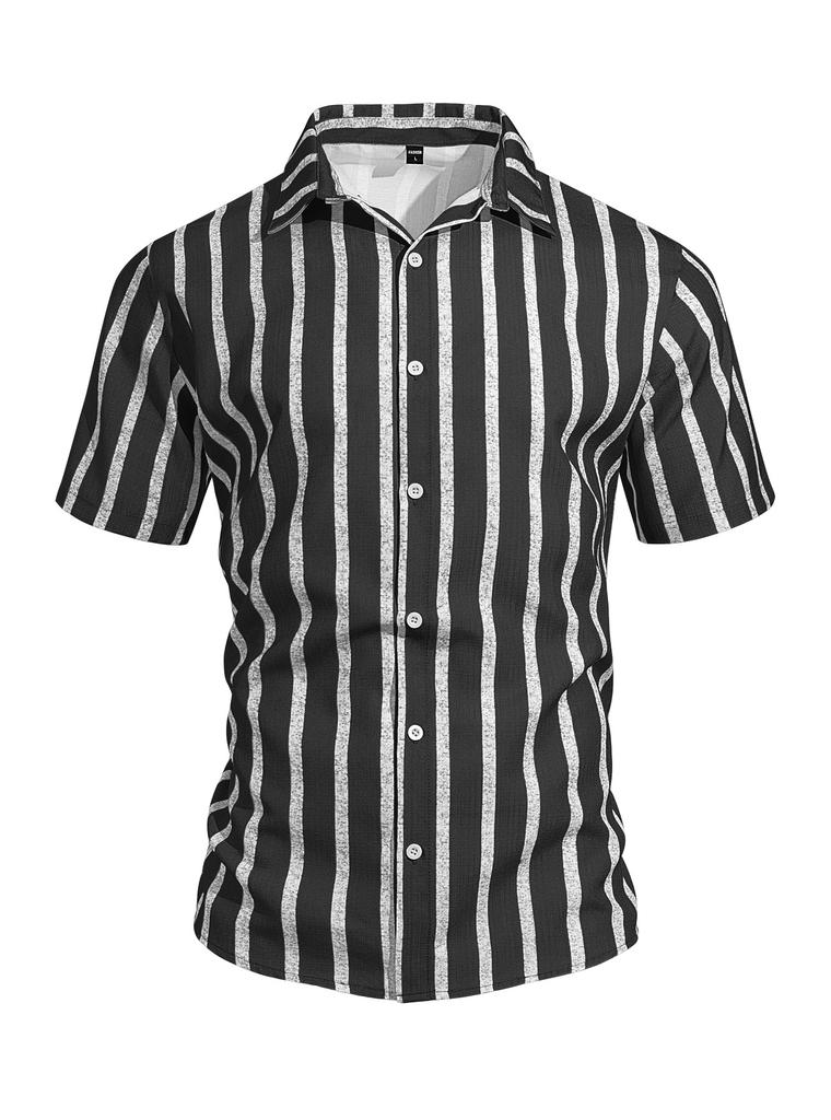Summer Casual Short Sleeve Shirt Vertical Stripe Pattern Men Daily Blouse Fashion Regular Fit Men Striped Turn Collar Short Sleeve Shirt