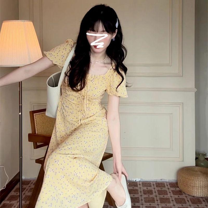 French temperament bubble sleeve yellow floral dress children's summer new small super good-looking long dress