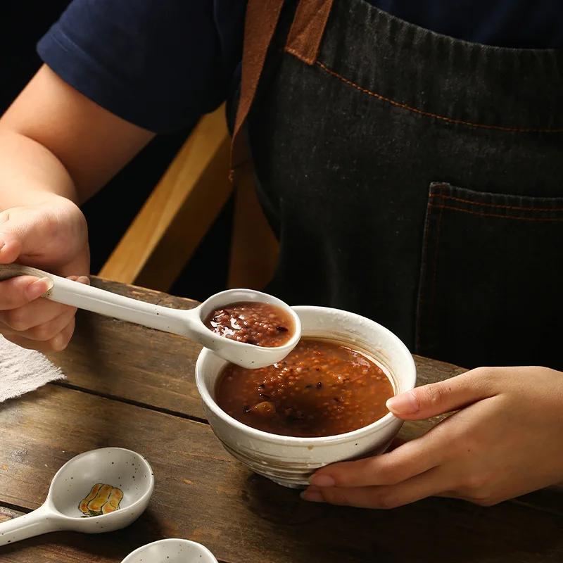 Cucchiaio da Zuppa Piccolo in Ceramica Stile Giapponese, Cucchiaio in Gres, Cucchiaio a Manico Lungo, Cucchiaio da Riso Domestico Carino Creativo Stoviglie da Cucina