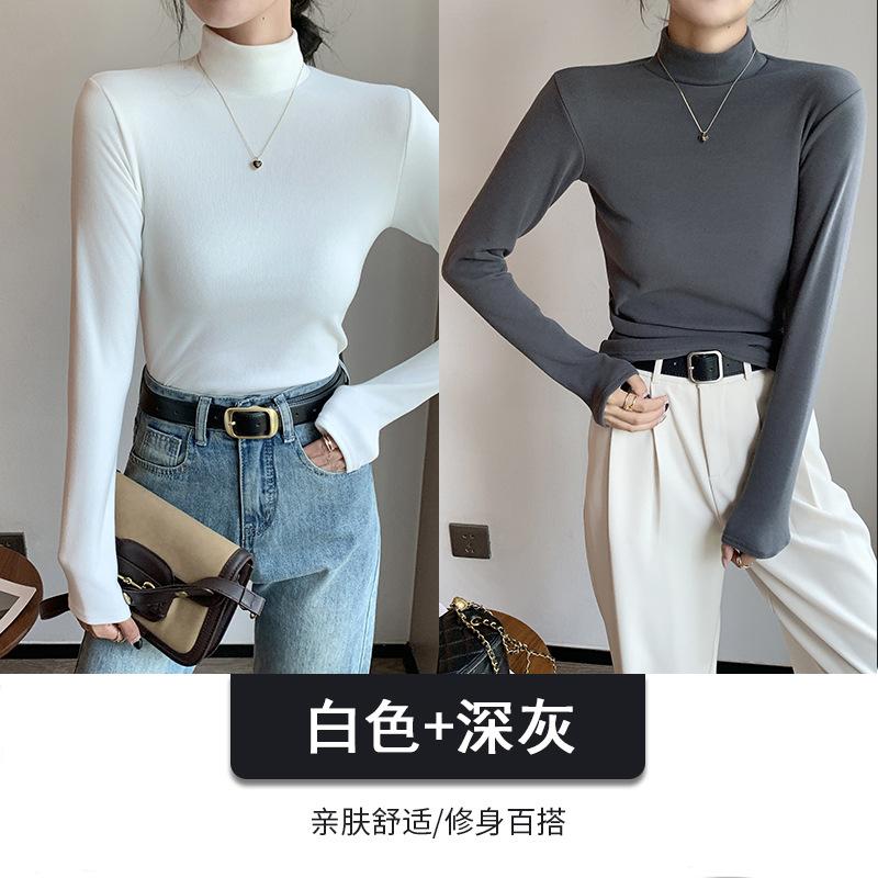 Combination Semi-turtleneck Double-sided German Velvet Bottoming Shirt for Women's Autumn and Winter with Solid-color Warm Long-sleeved Top