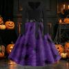 Women's Casual Long Sleeve V Neck Dress Vintage Style Halloween Pumpkin Print Flared Skirt Midi Dress with Waist Tie
