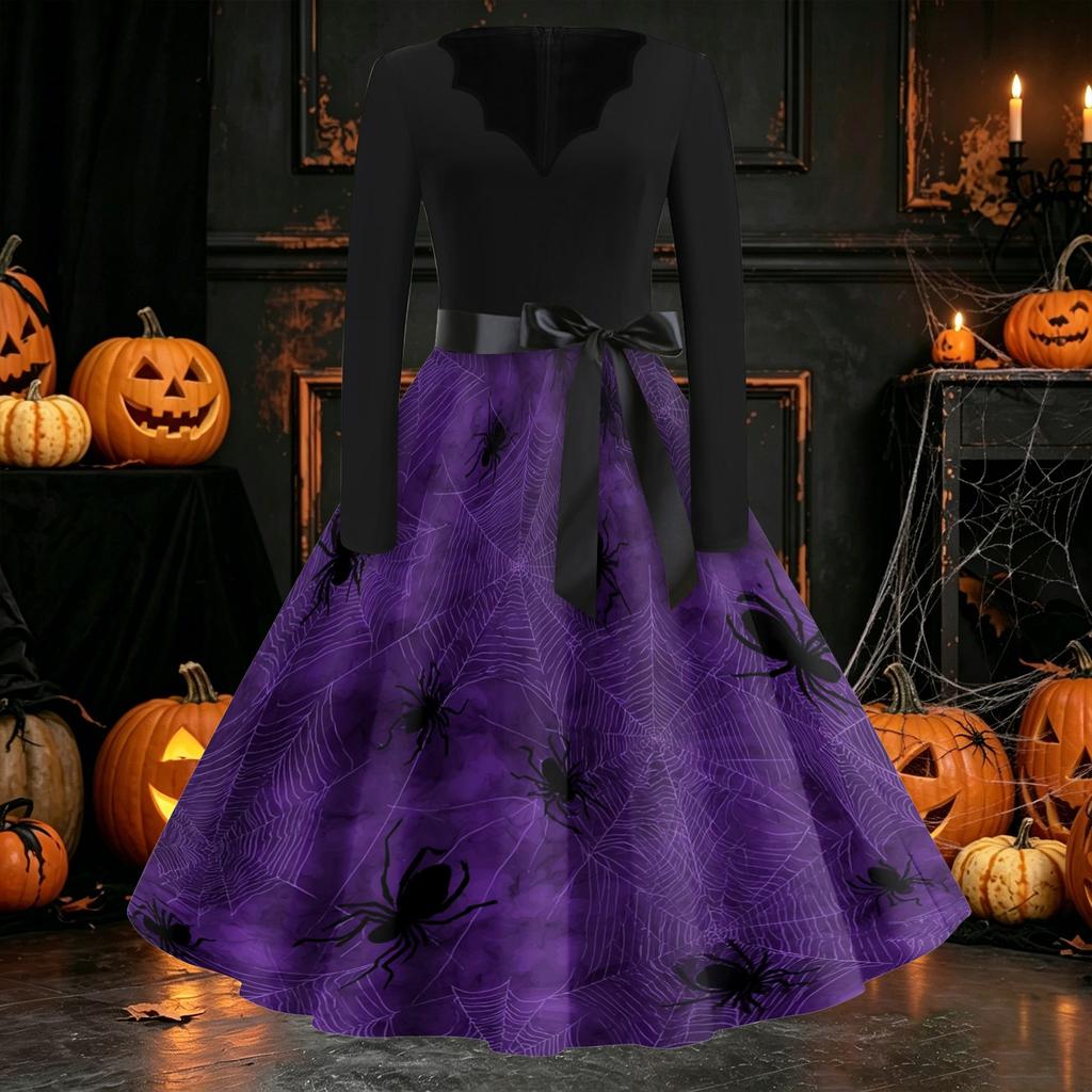 Women's Casual Long Sleeve V Neck Dress Vintage Style Halloween Pumpkin Print Flared Skirt Midi Dress with Waist Tie