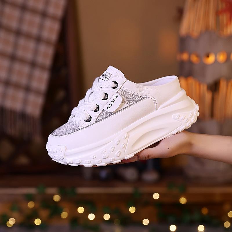 Baotou cool slippers women's outer wear 2025 summer new versatile thick-soled mesh hollowed out half-drag inner height-increasing casual shoes