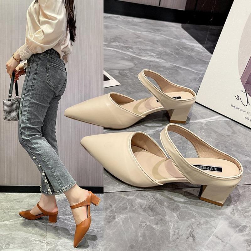 Wearing Cool Slippers Outside, Women's Summer New Baotou Half Slippers, Medium Heel Pointed Thick Heel Sandals