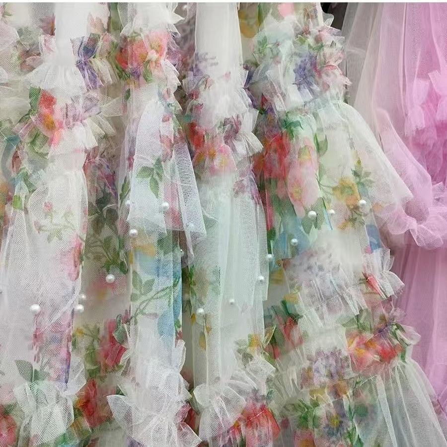 Reinforcement Nail Pearl Patchwork Printed Mesh Cake Dress Half Skirt for Girls New Hollow Out Long Dress