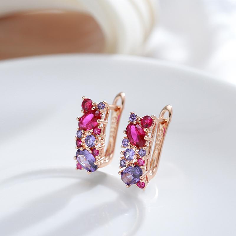 New Vintage Purple Natural Zircon Earrings For Women  Rose Gold Color Ethnic Wedding Jewelry Daily Party Accessories