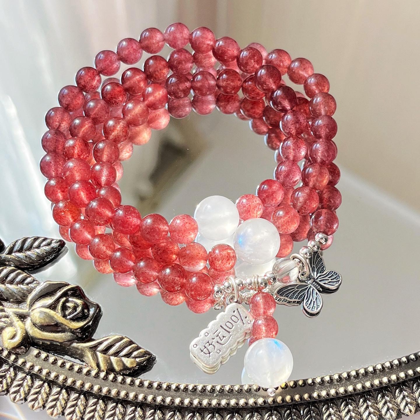 925 Sterling Silver High-Quality Boutique Natural High-Quality Strawberry Crystal Moonstone Design Multi-Circle Bracelet Bracelet.