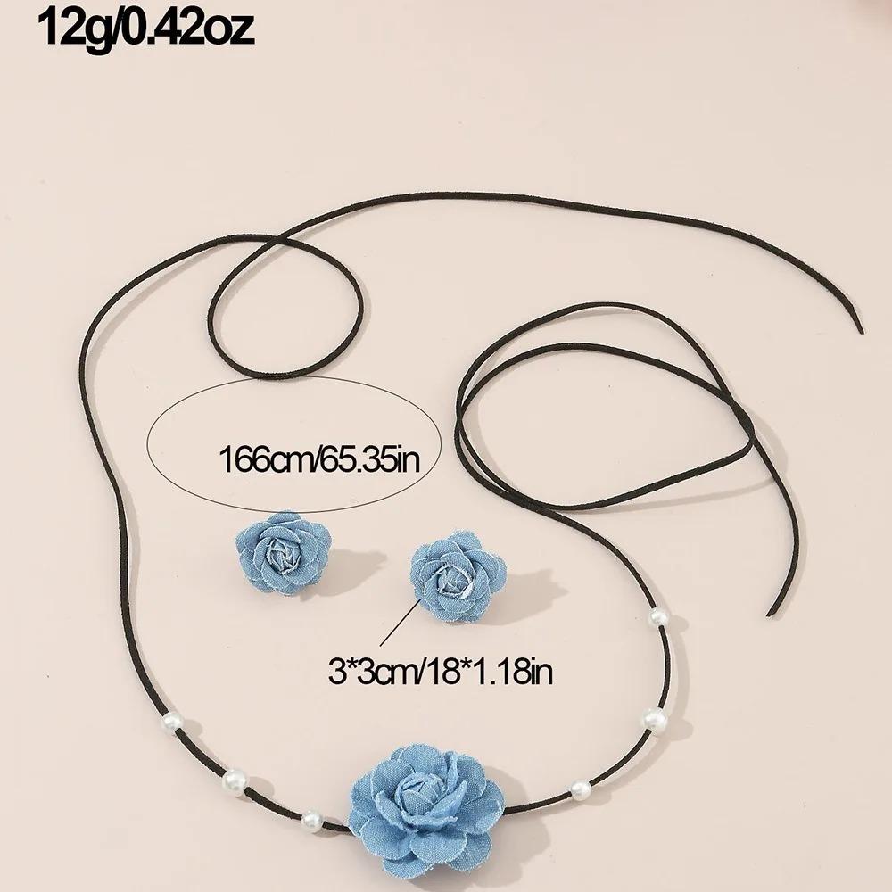 2PC Denim Camellia Beaded Tie Necklace & Earrings Set for Women Fashion Jewelry Gift