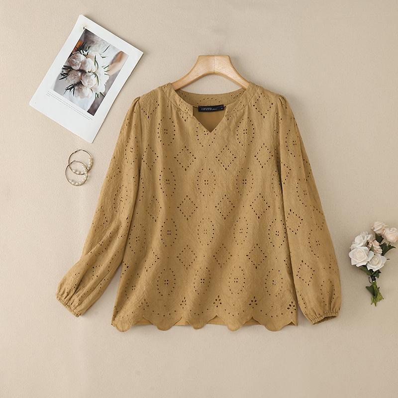ZANZEA Women Casual V-Neck Long Sleeve Loose Lace Crochet Patchwork Blouse