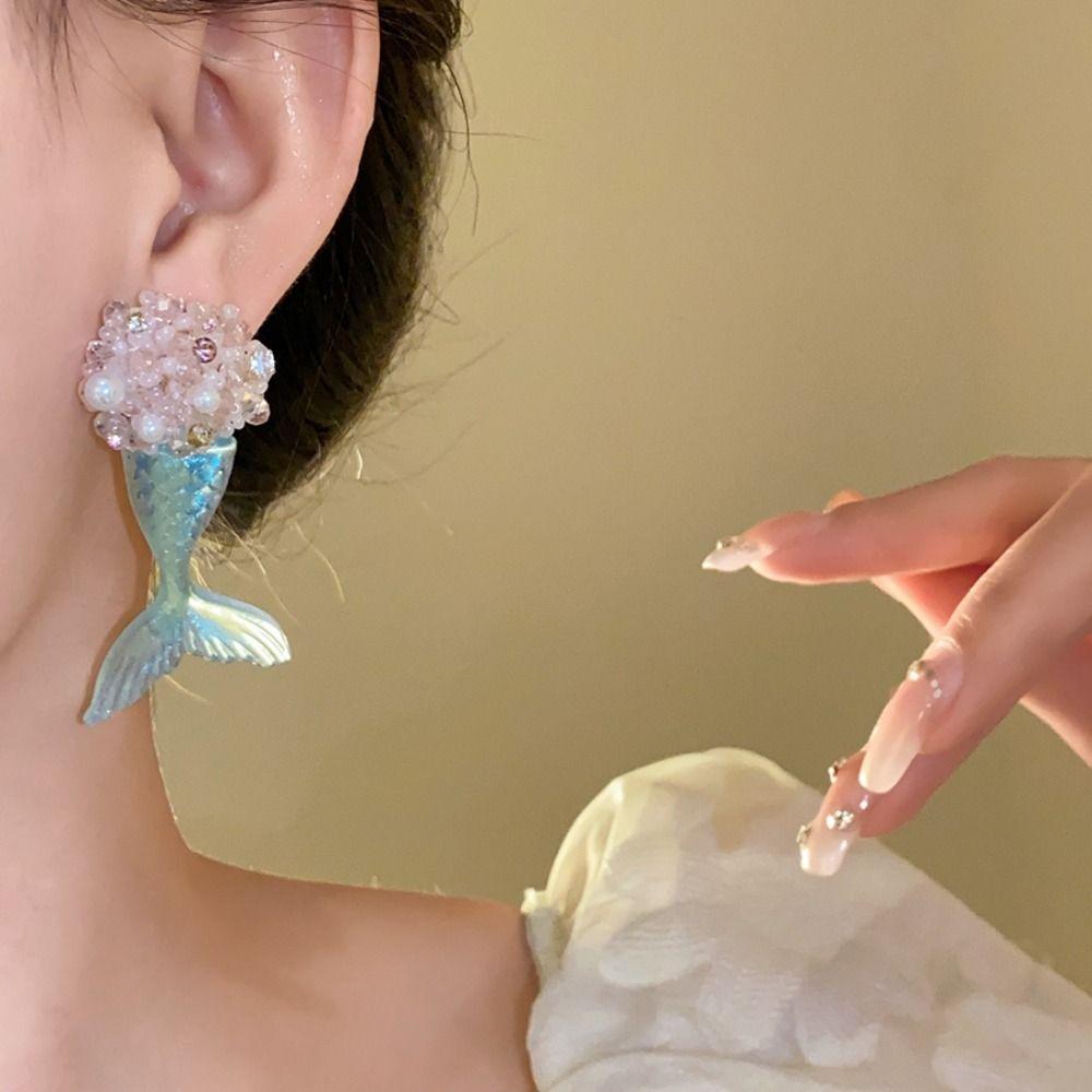 Cute Fishtail Drop Earrings Pearl Beach Style Earrings Sweet Mermaid Resin Earrings  Beach
