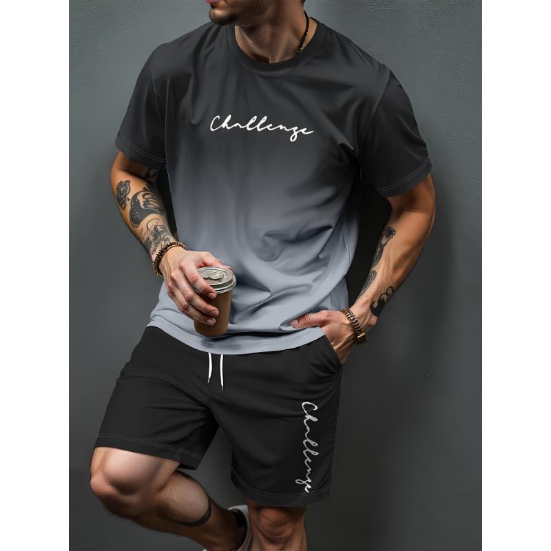 Heren Zomer Casual T-shirt en Korte Broek Set Verloop Letterpatroon Sportieve Tweedelige Set Stedelijke Mode Casual Trend Set