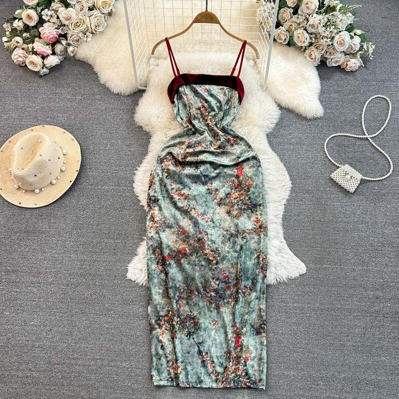 

Ретро китайское бархатное платье на бретелях с разрезом, топ-труба Blue L