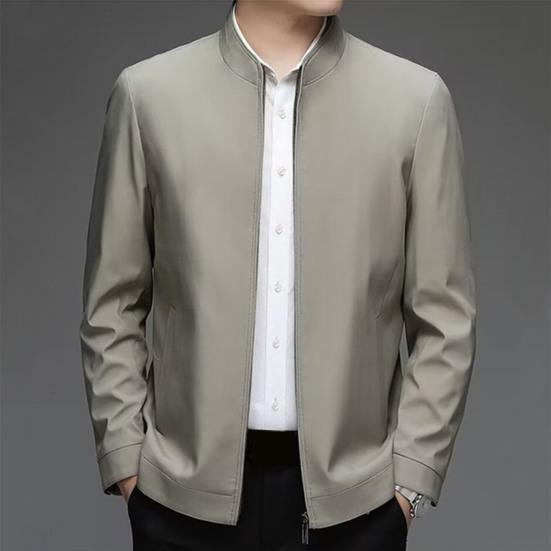 Men Jacket Lapel Long Sleeve Zipper Placket Middle-aged Coat with Side Pockets Solid Color Casual Jacket Outwear