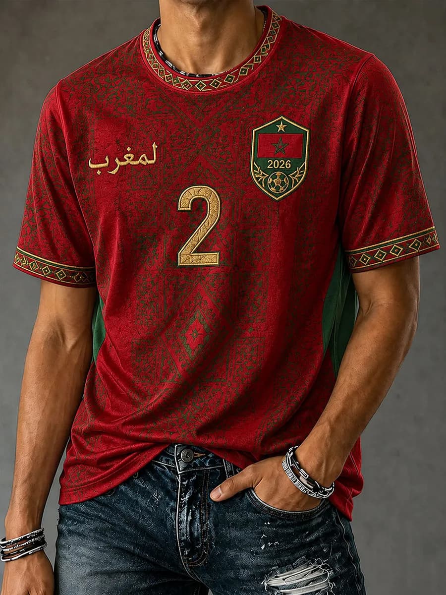 Huiteng12 2026 Marokko Voetbal Fans T-shirt Heren Rood Letterprint Korte Mouw T-shirt Team Voetbal Supporter Casual Sportshirt Top XL
