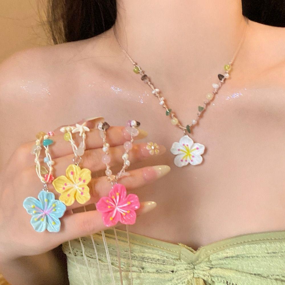 Pink Pearl Cherry Blossoms Pendant Necklace Colorful Beaded Green Leaf Flower Pendant Necklace Resin Pendant Clavicle Chain