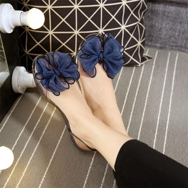 Fashion Women's Shoes No Heel Bow Footwear Transparent Jelly Summer 2024 Beach Sandals for Woman Outdoor Crystal Flat Rubber Trend H Vip
