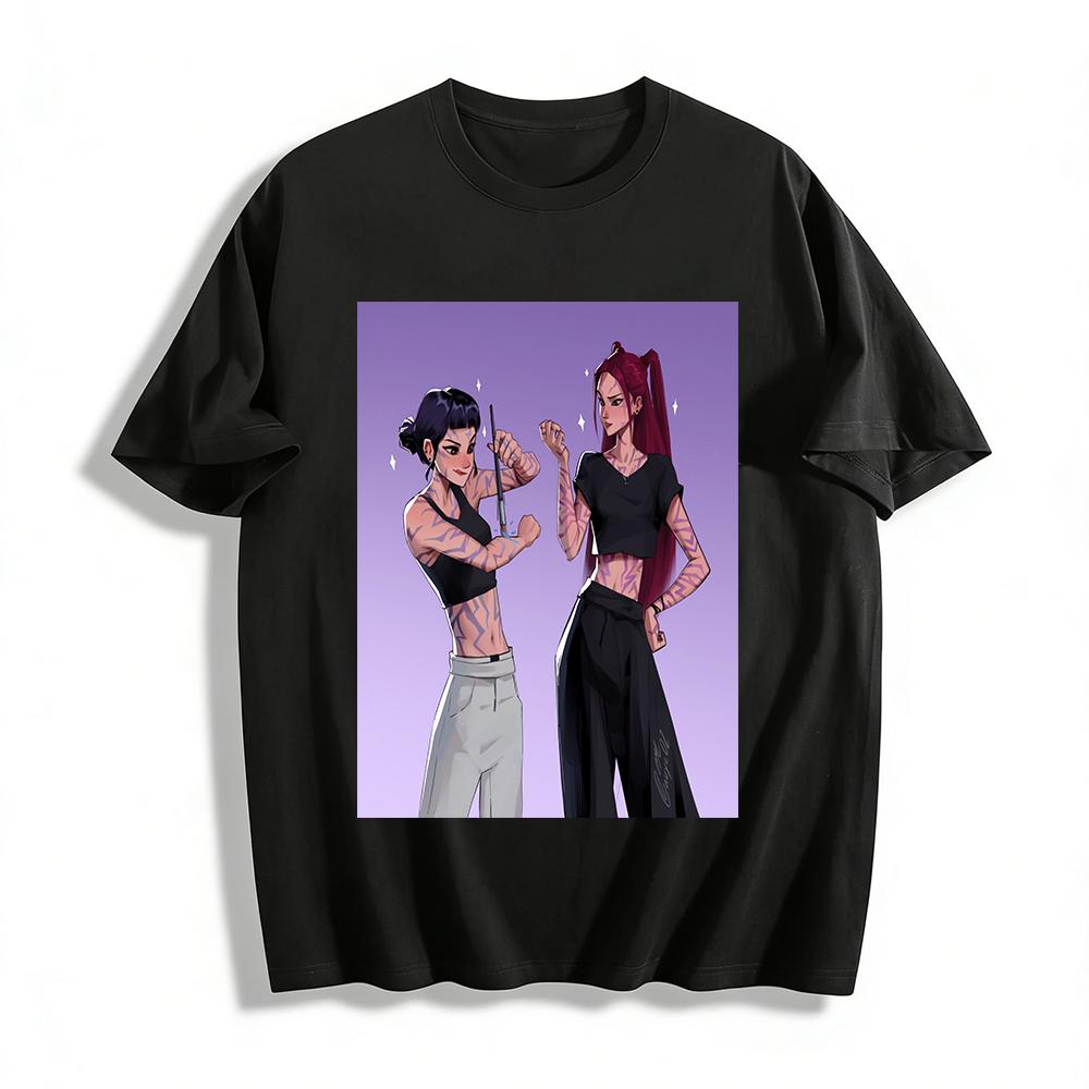 

Arcane Vi and Caitlyn Cosplay Tattoo Print Crop Tops Anime Game Peripheral Cute Slim Tees Pure cotton T-shirt 6XL