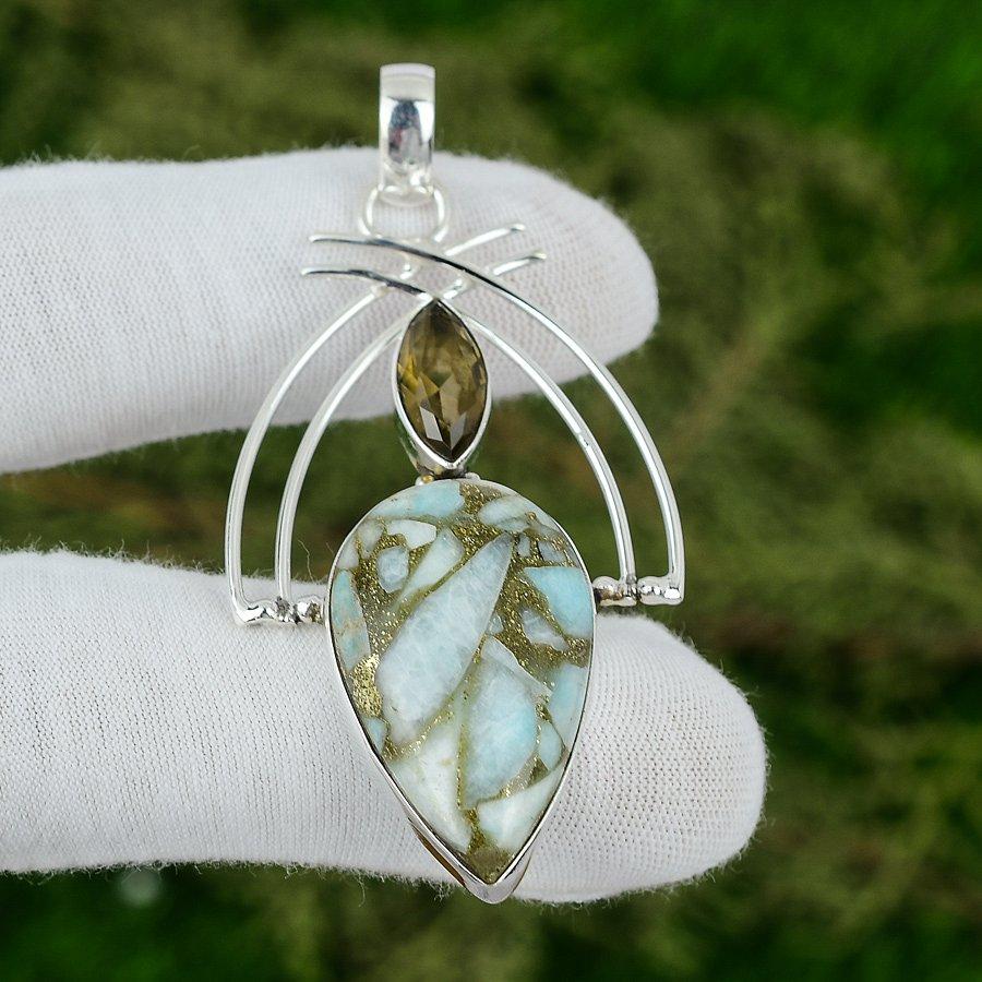

925 Sterling Silver Pear Natural Copper Larimar Smoky Quartz Birthday Pendant