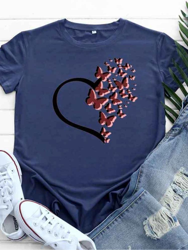Heart Butterfly Print T Shirt Women Short Sleeve O Neck Loose Tshirt Summer Women Tee Shirt Tops Camisetas Mujer